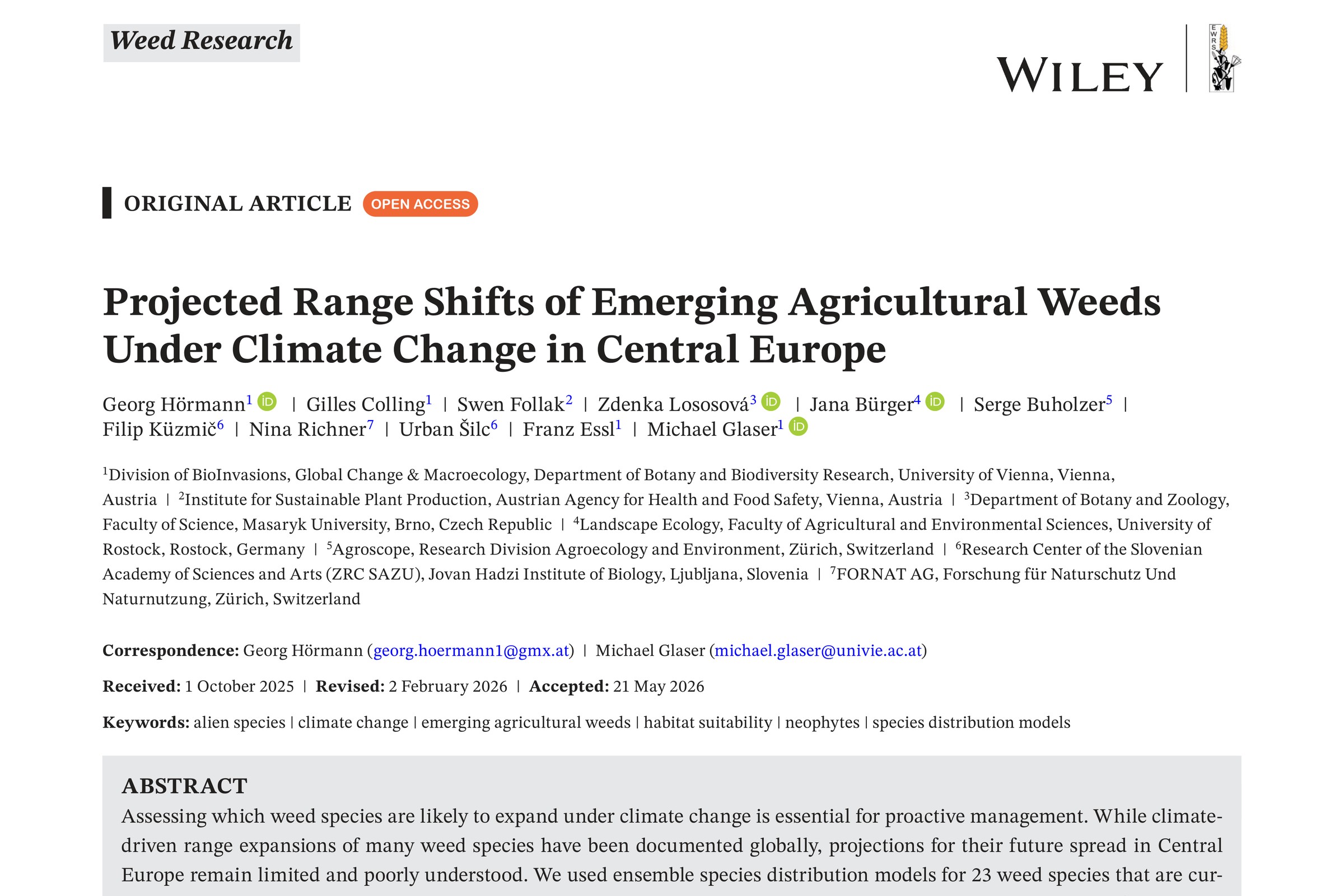 Projected range shifts of emerging agricultural weeds under climate change in central Europe