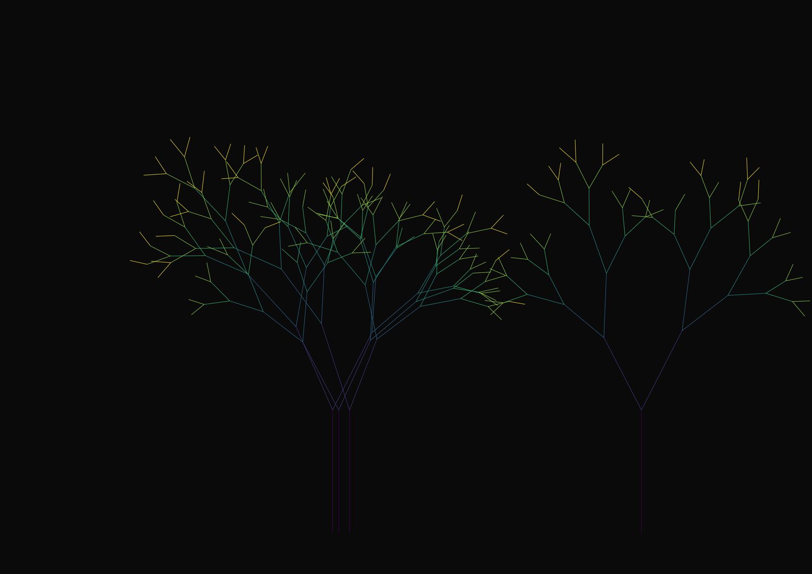 A Forest of Decisions — gradient-boosted decision trees rendered as arborescent forms