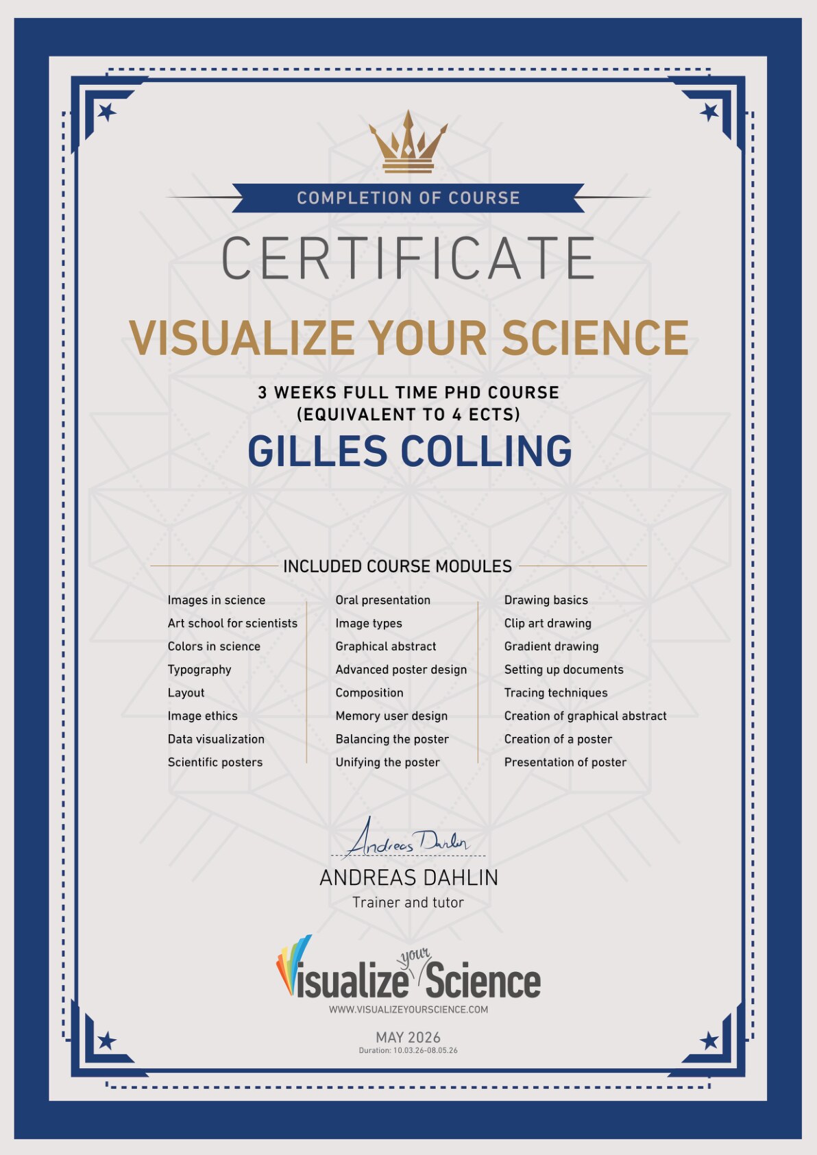 Certificate of completion — Visualize your Science, Gilles Colling, 4 ECTS, May 2026